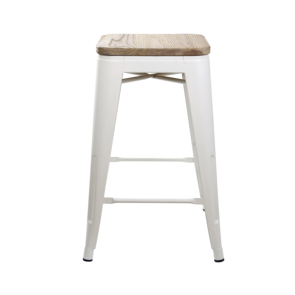 24 Inch Cream White Counter Height Metal Bar Stools with Light Wooden Seat