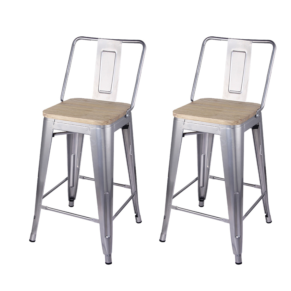 GIA 24 Inches High Back Silver Stool with Light Wood Seat