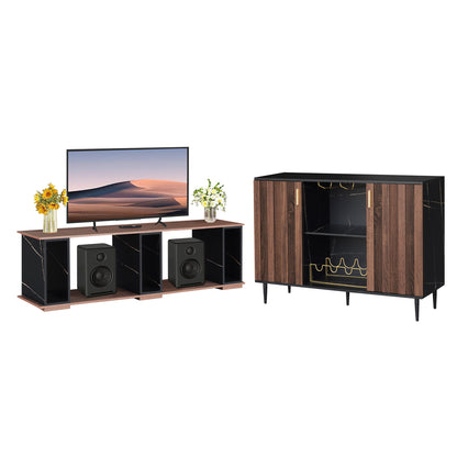 Living Room Table Set,Bar Cabinet with Open Shelves and 65inch TV Stand Set of 2,Faux Black Marble