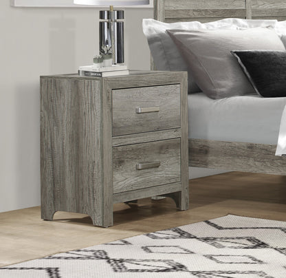 Transitional Aesthetic Bedroom Nightstand Faux Wood Veneer Weathered Gray Finish Nickel Hardware Bed Side Table