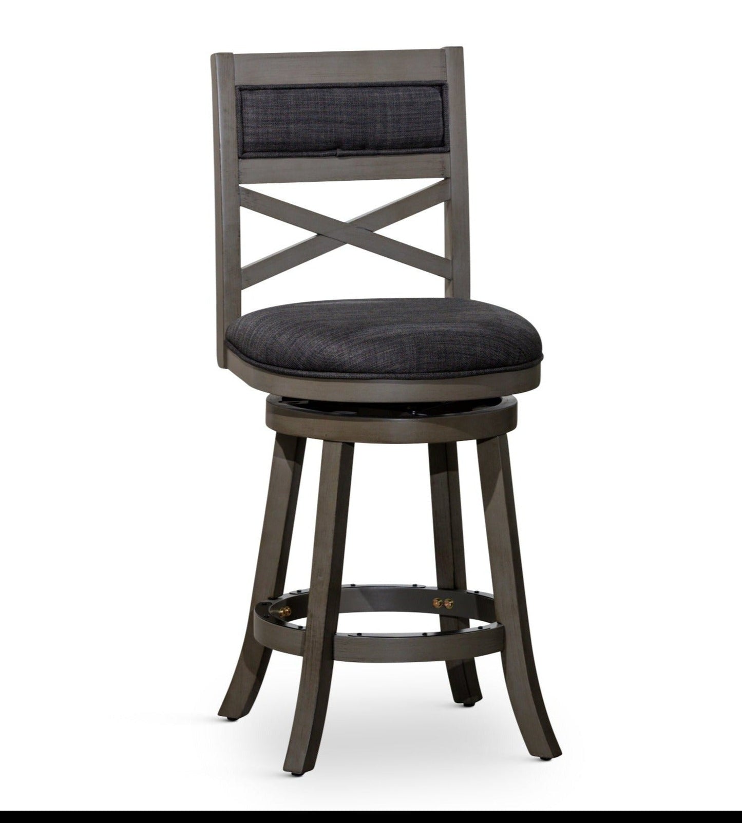 24 inch Counter Height X-Back Swivel Stool, Weathered Gray Finish, Charcoal Fabric Seat