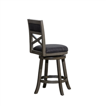 24 inch Counter Height X-Back Swivel Stool, Weathered Gray Finish, Charcoal Fabric Seat