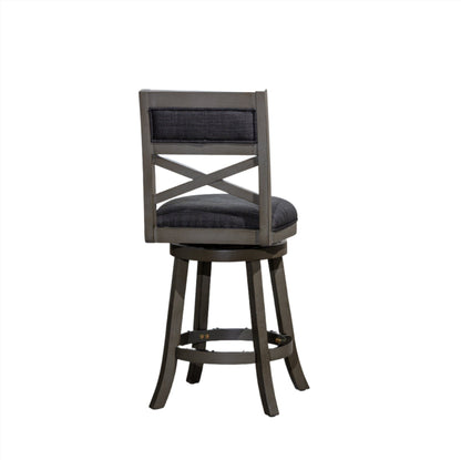 24 inch Counter Height X-Back Swivel Stool, Weathered Gray Finish, Charcoal Fabric Seat