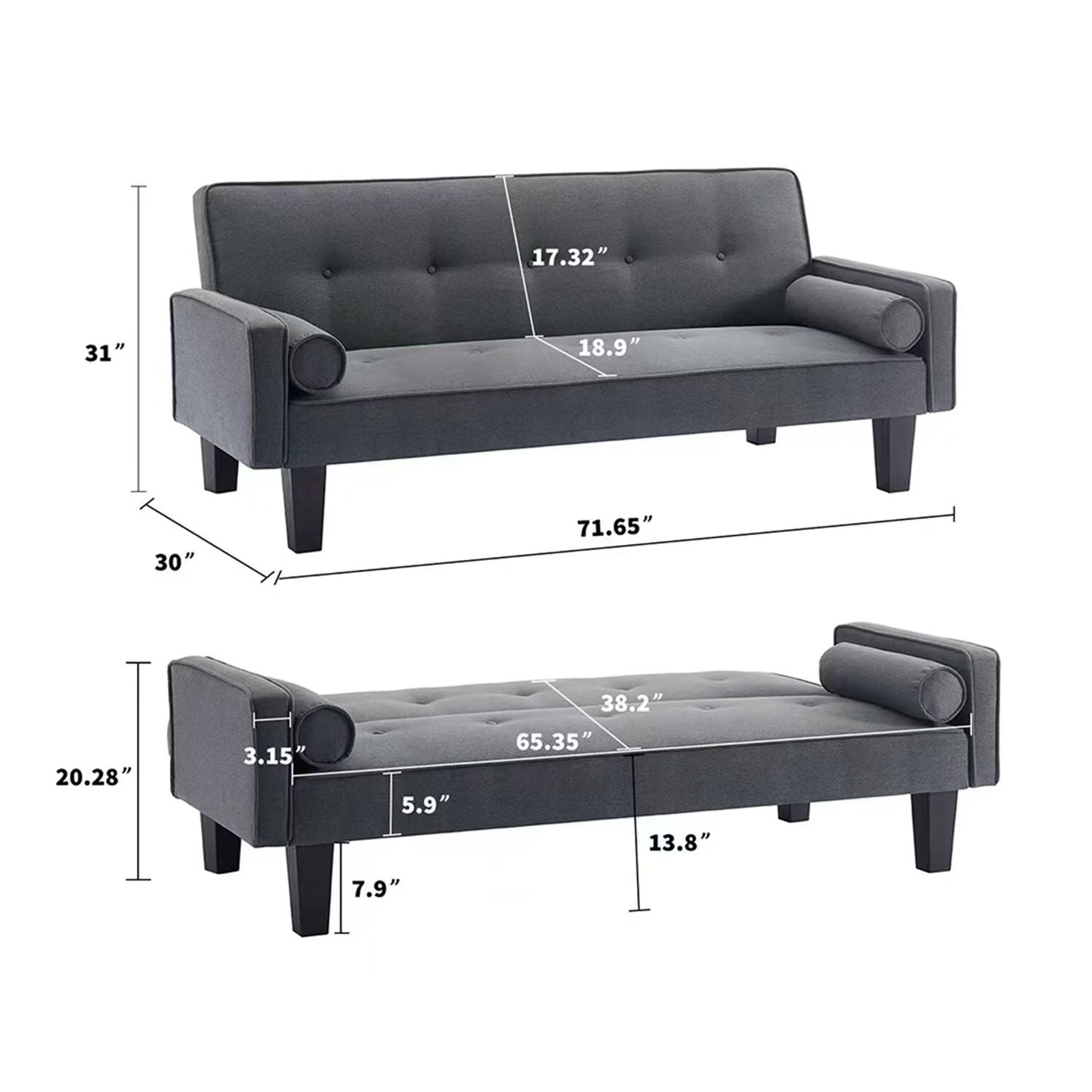 Futon Sofa Bed Convertible Couch Bed with Armrests Modern Living Room Linen Sofa Bed, Folding Recliner Futon Couch Sleeper Set with Solid Wood legs