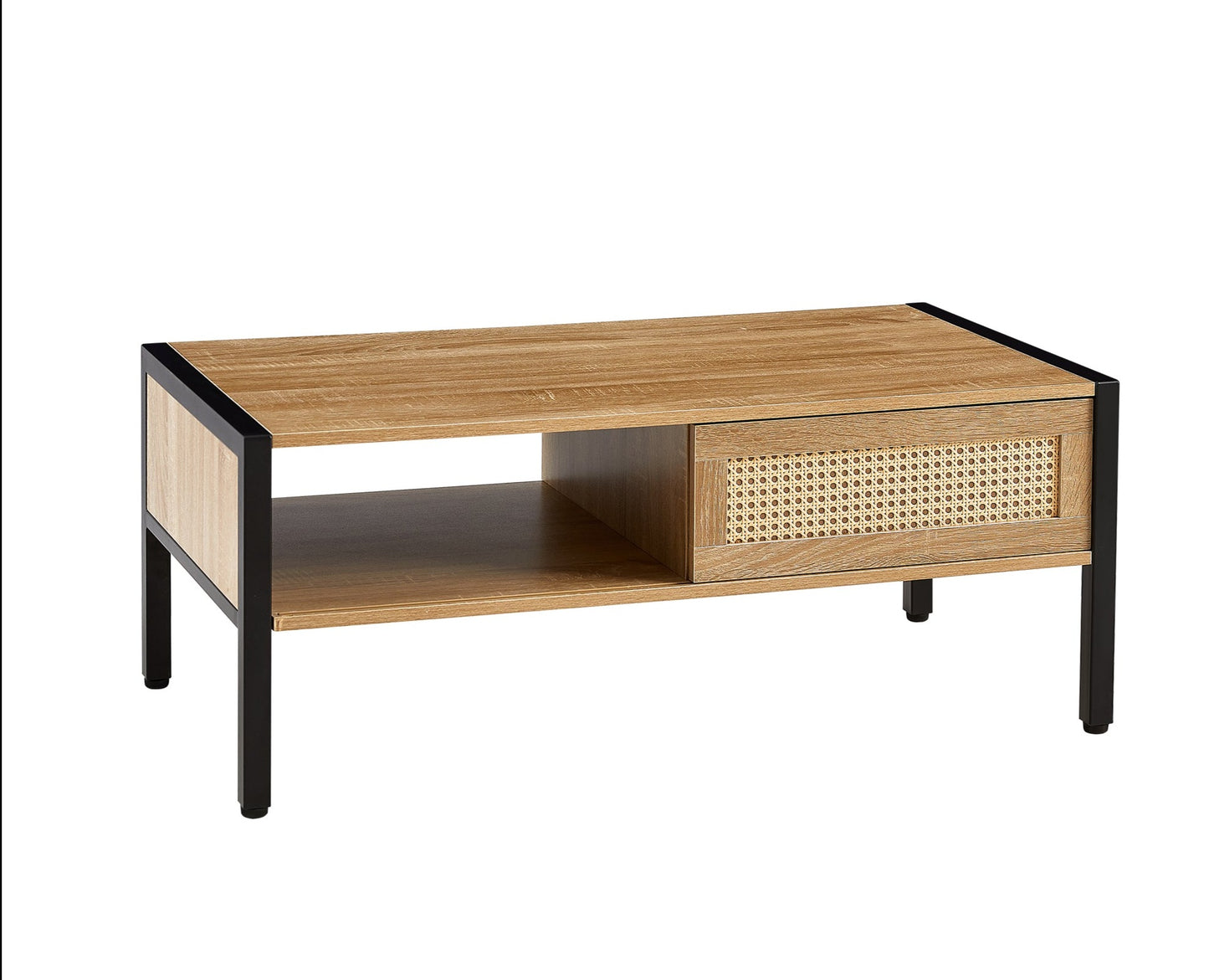 40.16 inch Rattan Coffee table, sliding door for storage, metal legs, Modern table for living room