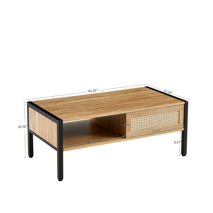 40.16 inch Rattan Coffee table, sliding door for storage, metal legs, Modern table for living room