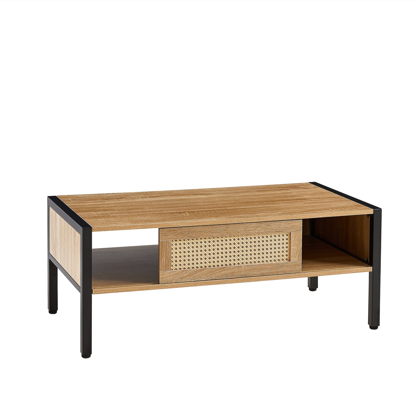 40.16 inch Rattan Coffee table, sliding door for storage, metal legs, Modern table for living room