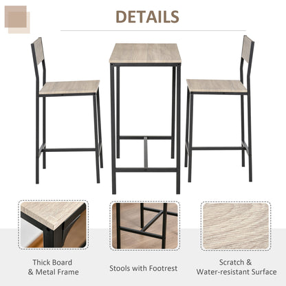 3 Piece Bar Table and Chairs, Industrial Dining Table Set for 2, Counter Height Kitchen Table with Bar stools, Breakfast Table Set for 2 for Small Space, Natural