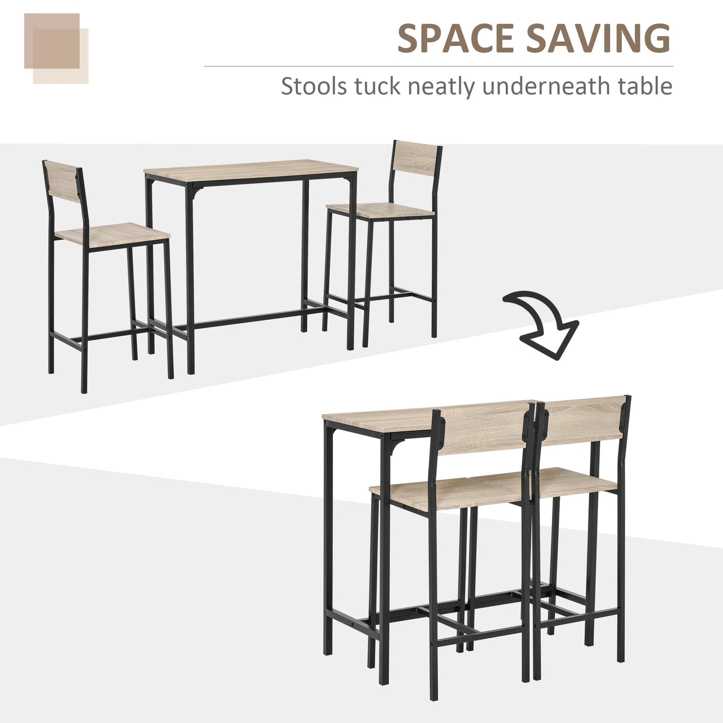 3 Piece Bar Table and Chairs, Industrial Dining Table Set for 2, Counter Height Kitchen Table with Bar stools, Breakfast Table Set for 2 for Small Space, Natural