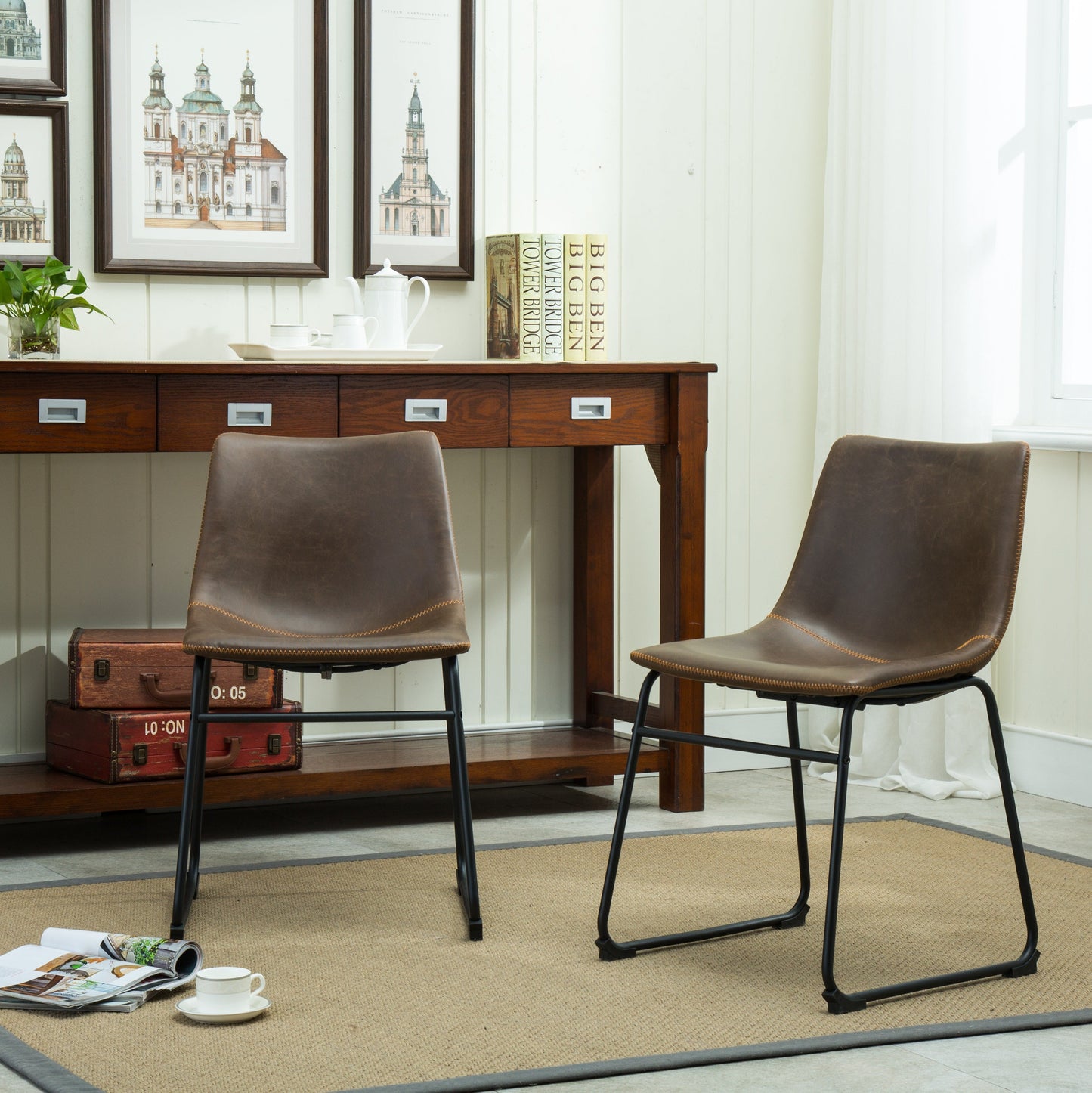 Vintage PU Leather Dining Chairs, Set of 2, Antique Brown