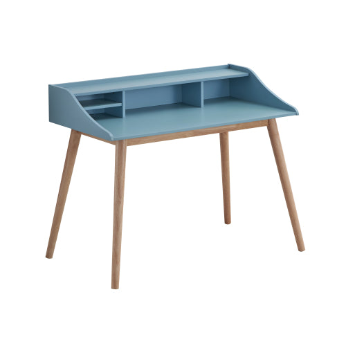 Mid-Century Modern Wood Writing Desk with Hutch, Blue