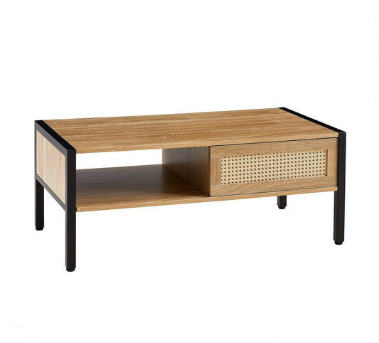 40.16 inch Rattan Coffee table, sliding door for storage, metal legs, Modern table for living room