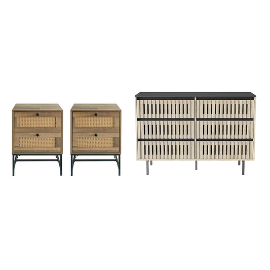 3 Pieces Bedroom Sets-Six Drawer Storage Cabinet,Large Capacity and 2 Rattan Nightstands