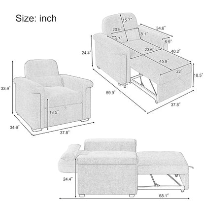 3 in 1 Convertible Sleeper Chair Sofa Bed Pull Out Couch Adjustable Chair with Pillow, Adjust Backrest into a Sofa, Lounger Chair, Single Bed or Living Room or Apartment, Beige