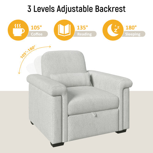 3 in 1 Convertible Sleeper Chair Sofa Bed Pull Out Couch Adjustable Chair with Pillow, Adjust Backrest into a Sofa, Lounger Chair, Single Bed or Living Room or Apartment, Beige