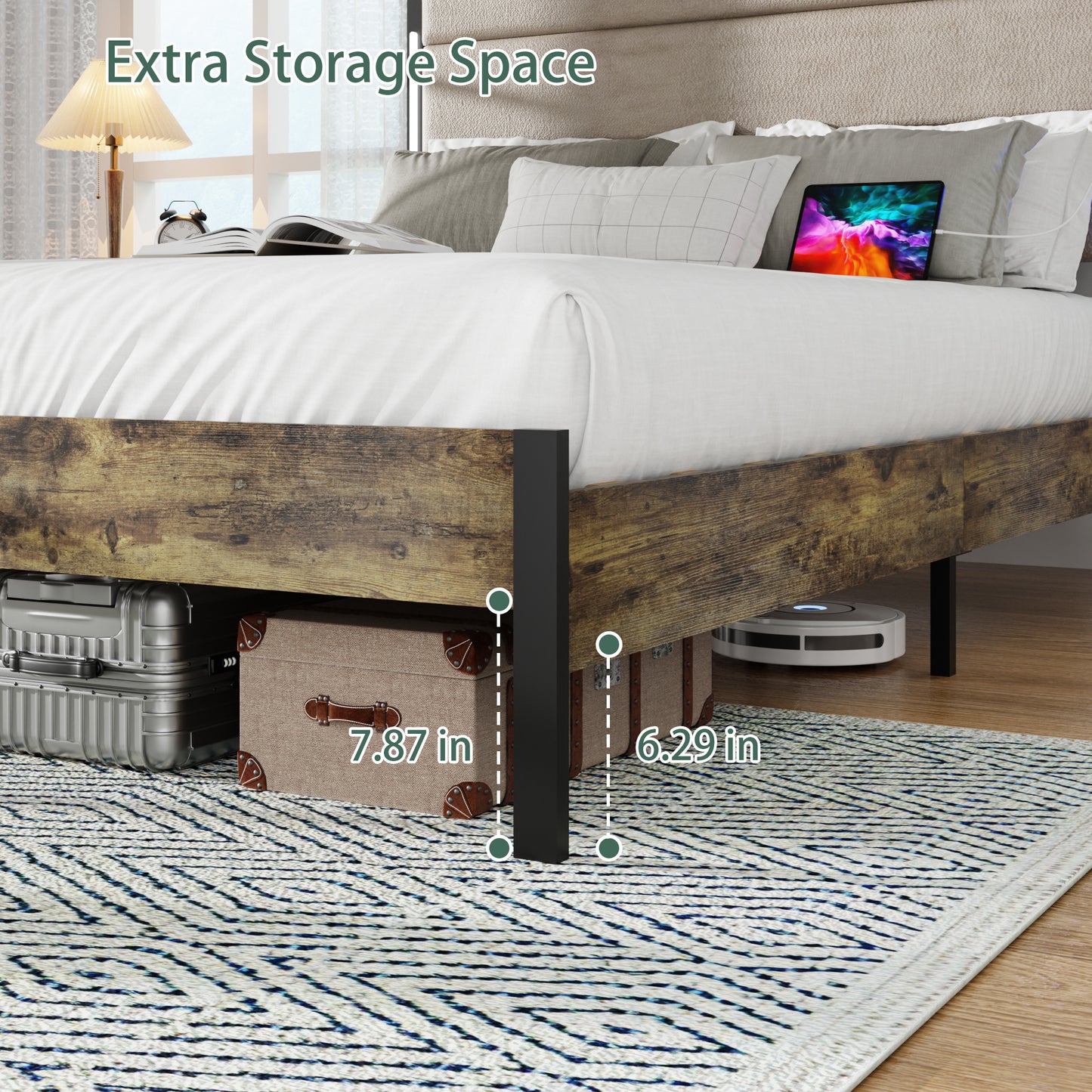 4 Pieces Bedroom Sets-Brown Queen Size Bed Frame with LED Light Charging Station ,2 Rattan Nightstands and Wood Bench