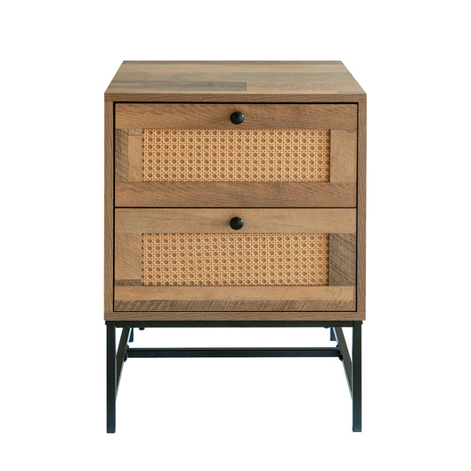 25 Inch Tall Rattan Boho Nightstand with 2-Drawer