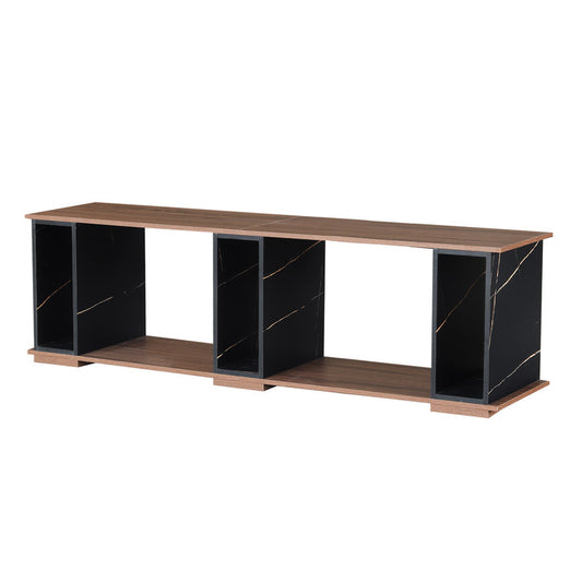 Modern Black Marble and Walnut Wood TV Stand with Open Storage Shelves - Sleek and Stylish Entertainment Center