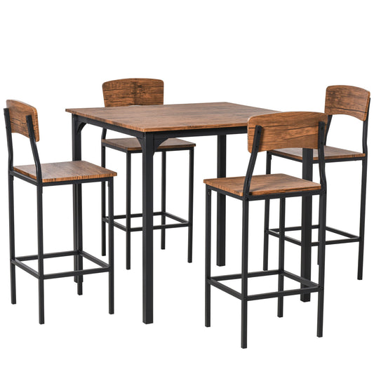 HOMCOM Counter Height Bar Table Set for 4, Square Kitchen Table and Chairs Set with Footrest, Metal Legs, Industrial Dinner Table Set for 4, Walnut