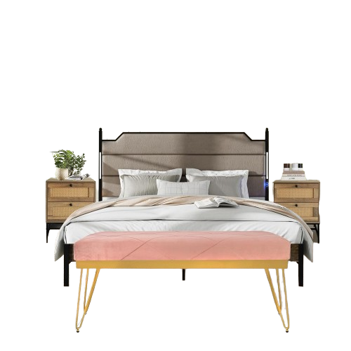 4 Pieces Bedroom Sets-Brown Queen Size Bed Frame with LED Light Charging Station ,2 Rattan Nightstands and Mauve Velvet Bench