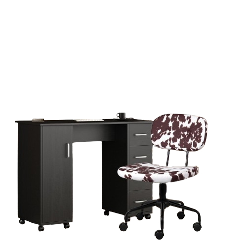 2 Pieces Home Office Furniture Sets-Black Writing Desk with Wheels and 4 Drawers,Ayrshire Cow Pattern Without Arms Chair