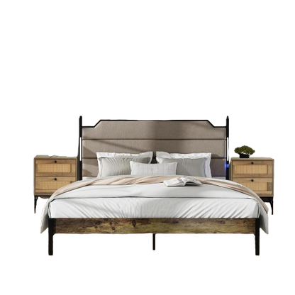 3 Pieces Bedroom Sets-Brown Queen Size Bed Frame with LED Light Charging Station and 2 Rattan Nightstands