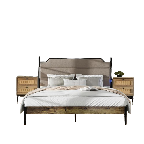 3 Pieces Bedroom Sets-Brown Queen Size Bed Frame with LED Light Charging Station and 2 Rattan Nightstands