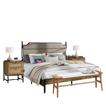 4 Pieces Bedroom Sets-Brown Queen Size Bed Frame with LED Light Charging Station ,2 Rattan Nightstands and Wood Bench