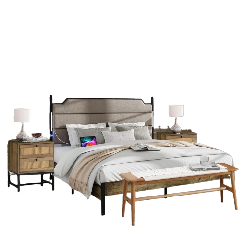 4 Pieces Bedroom Sets-Brown Queen Size Bed Frame with LED Light Charging Station ,2 Rattan Nightstands and Wood Bench