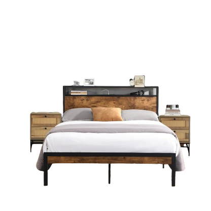 3 Pieces Bedroom Sets-Brown King Size Bed Frame with USB LINER and 2 Rattan Nightstands