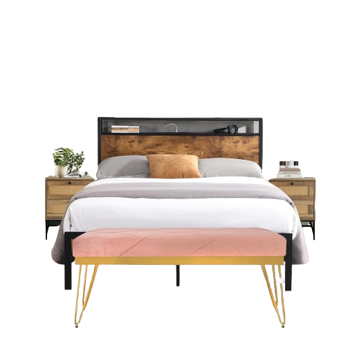 4 Pieces Bedroom Sets-Brown King Size Bed Frame with USB LINER, 2 Rattan Nightstands and Mauve Velvet Bench