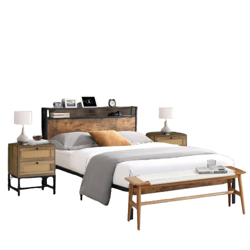 4 Pieces Bedroom Sets-Brown King Size Bed Frame with USB LINER, 2 Rattan Nightstands and Wood Bench