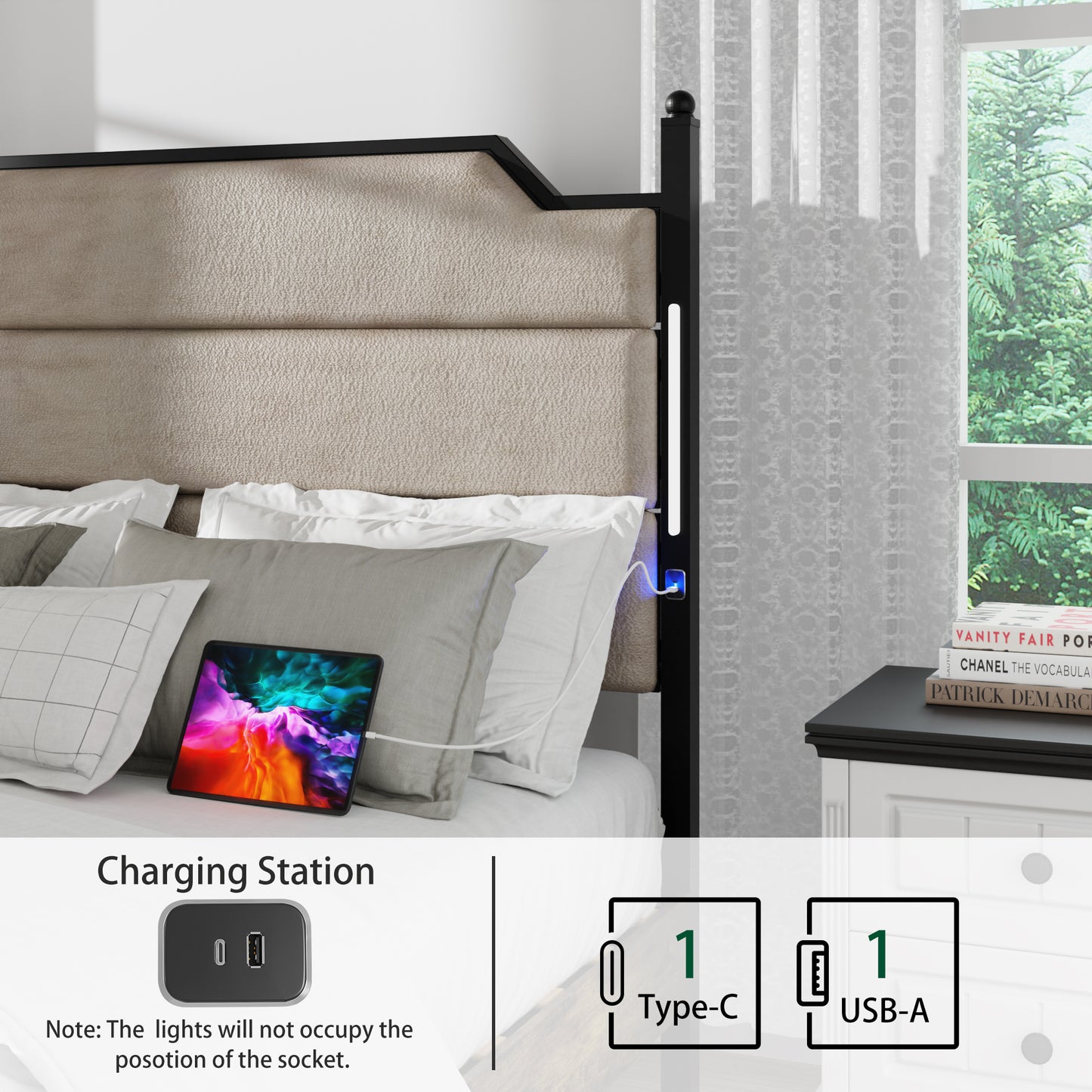 4 Pieces Bedroom Sets-Brown Queen Size Bed Frame with LED Light Charging Station ,2 Rattan Nightstands and Wood Bench