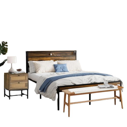 4 Pieces Bedroom Sets-Vintage Brown Queen Size Bed Frame with LED Light Charging Station,2 Rattan Nightstands and  Wood Bench