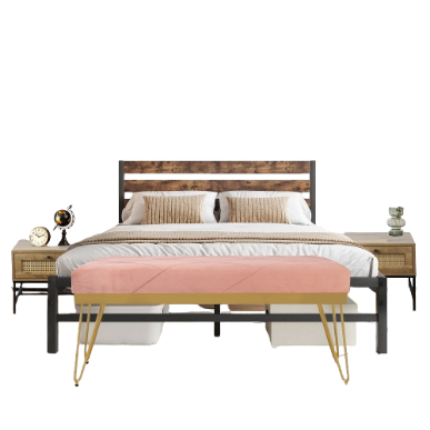 4 Pieces Bedroom Sets for Queen Size Platform Bed Frame and 2 Marchagee Nightstand and Upholstered Bench