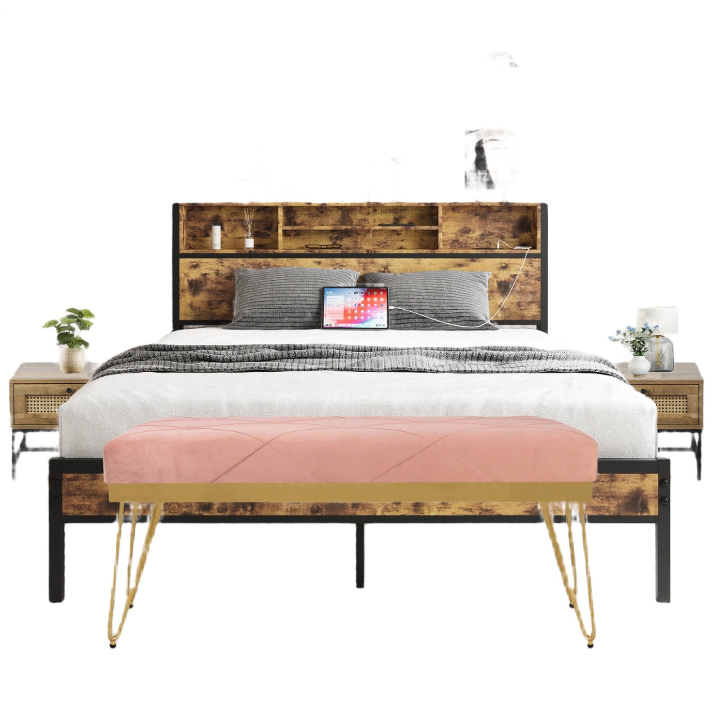 Bedroom Sets,Queen Bed Frame with 2 Nightstands and Pink Bench