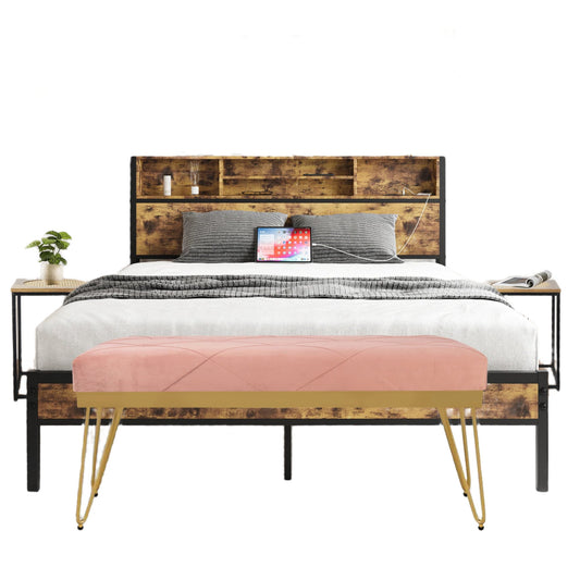 Bedroom Sets,Queen Bed Frame with 2 Side Table with Rattan Top and Pink Bench