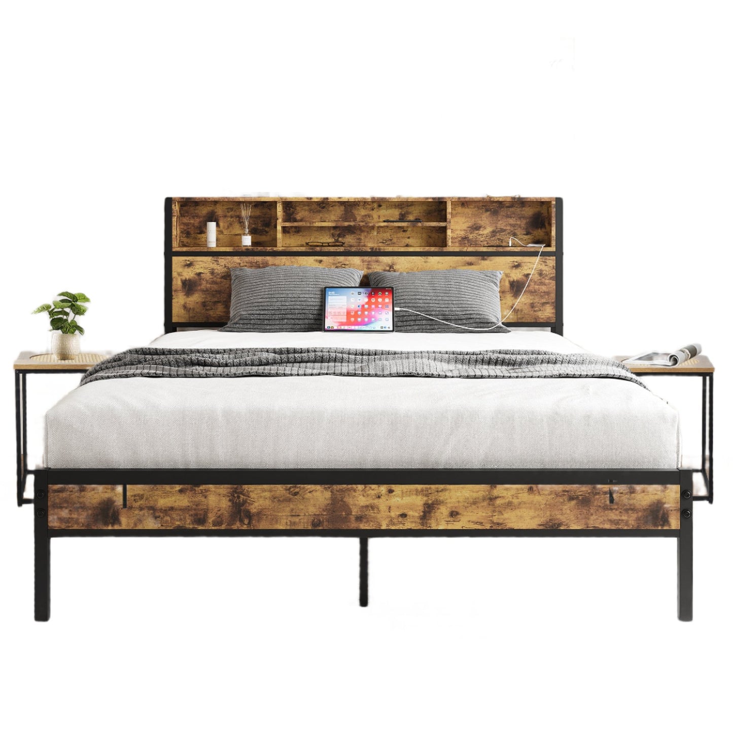 Bedroom Sets,Queen Bed Frame with 2 Side Table with Rattan Top