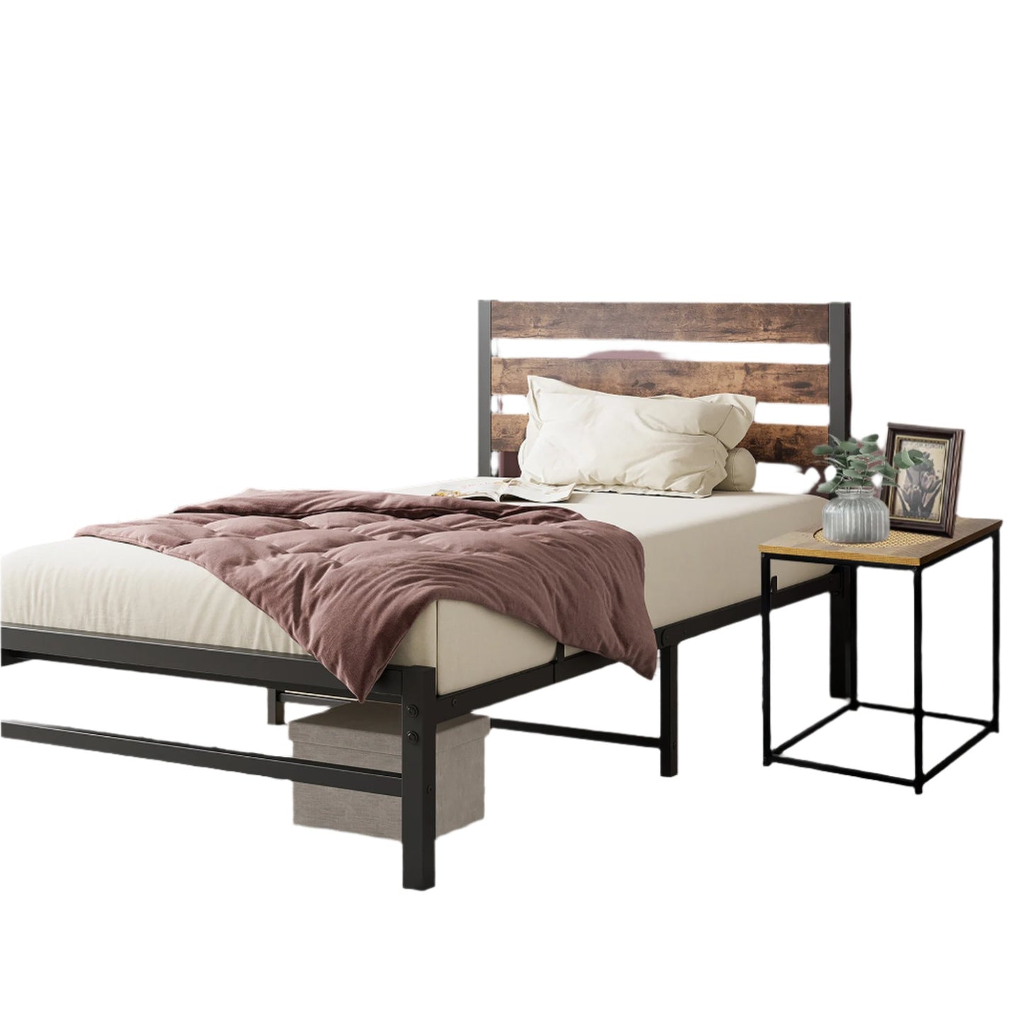 Bedroom Sets,Twin Size Platform Bed Frame with Rattan Top Side Table