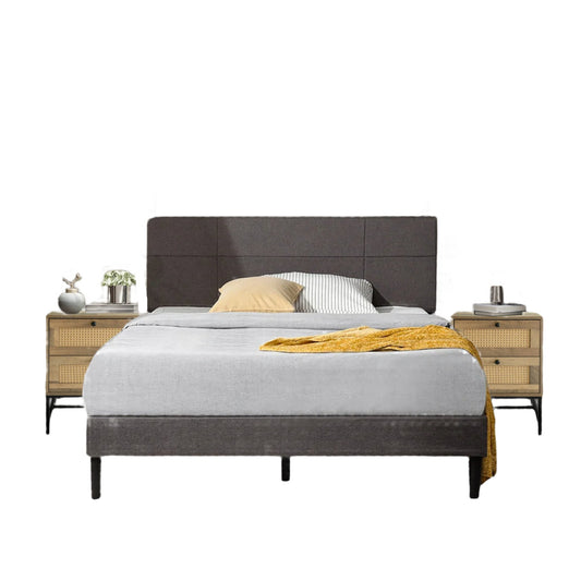 Bedroom Sets,Gray Queen Bed Frame with 2 Rattan Drawer Storage End Tables