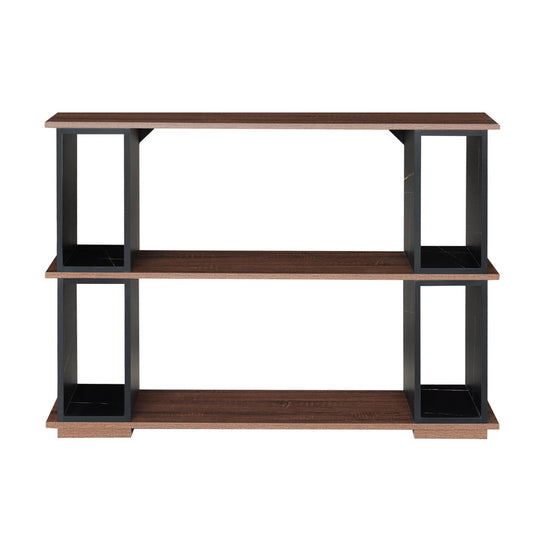 Modern Black Marble and Walnut Wood Console Table with Open Storage Shelves - Sleek and Stylish Entryway Table