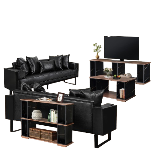 Living Room Table Set, Wood Coffee Table & Console Table & Black Loveseat