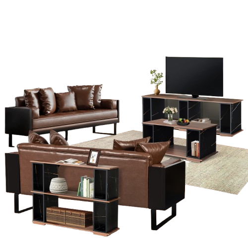 Living Room Table Set, Wood Coffee Table & Console Table & Brown Loveseat