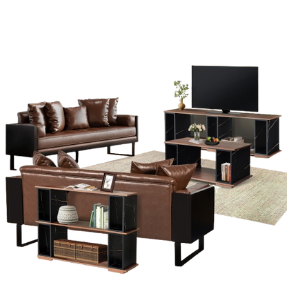 Living Room Table Set, Wood Coffee Table & Console Table & Brown Loveseat