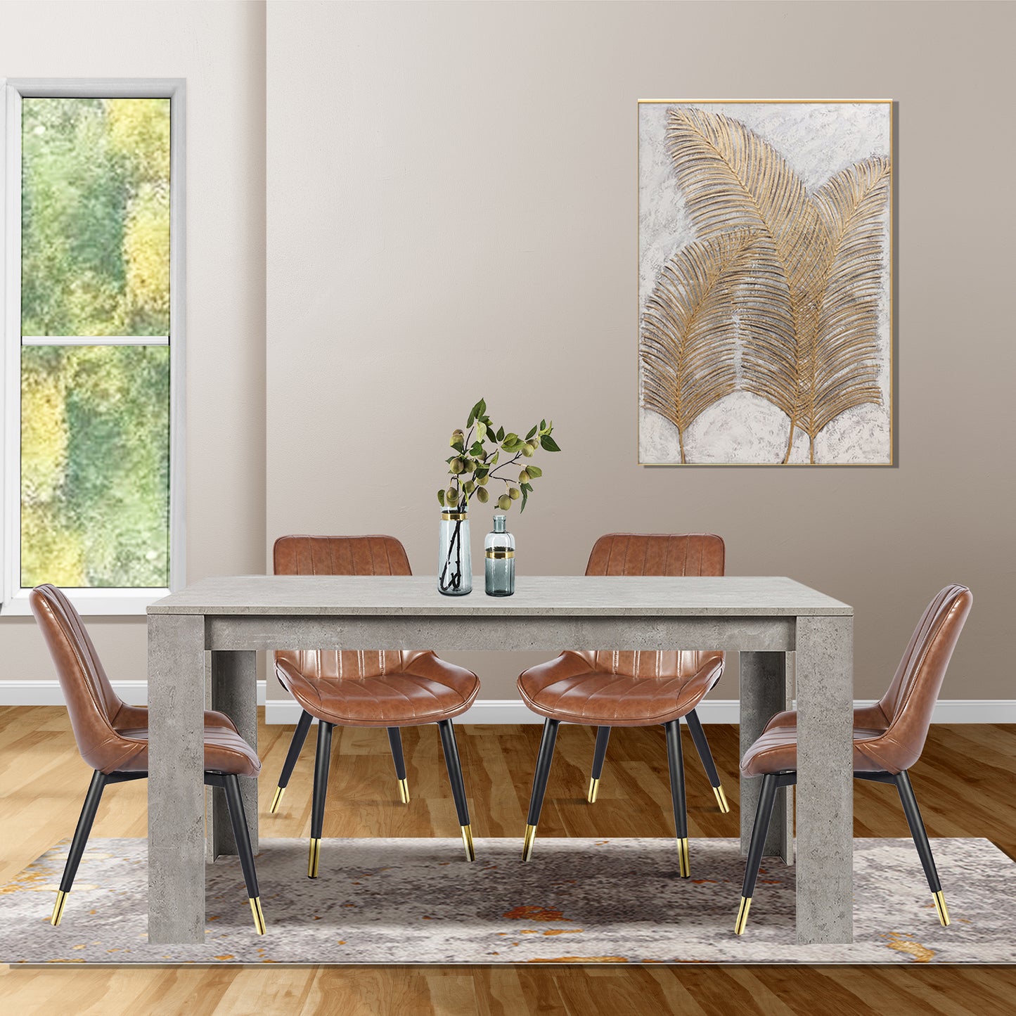 5 Pieces Dining Table Set for 4 - 59 Inch Cemented Table & 4 Pack Brown Leather Chairs