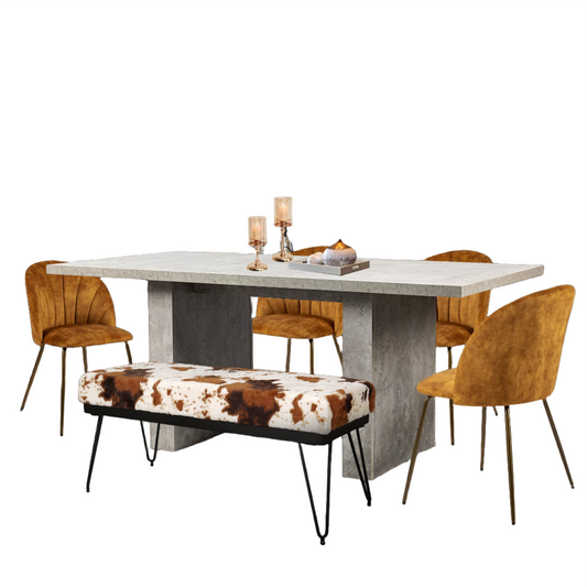 6 Pieces Dining Table Set for 6 - 70 Cemented Table & 44 Inch Cow Bench Ottoman & 4Pack Chairs