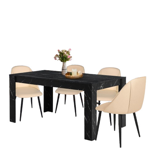 GIA Modern Black Dining Table with 4 Beige Chairs Sets