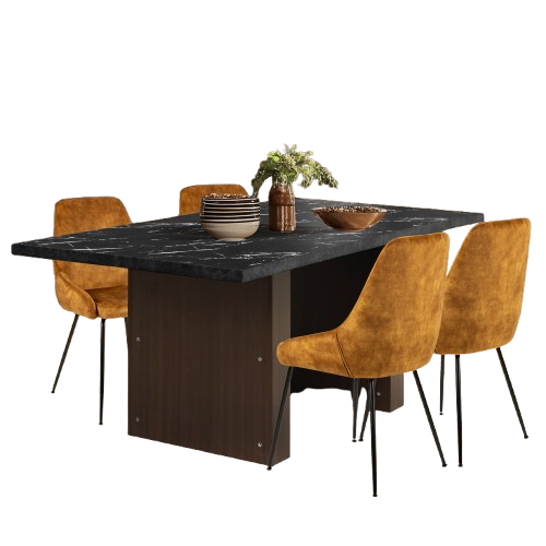 GIA Modern Walnut Dining Table with 4 Velvet Fabric Dining Chairs Sets