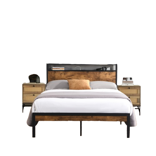 3 Pieces Bedroom Sets-Vintage Brown Queen Size Bed Frame, Storage Headboard with LED Light Charging Station and 2 Rattan Nightstands