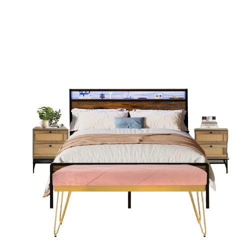 4 Pieces Bedroom Sets-Vintage Brown Queen Size Bed Frame, Storage Headboard with LED Light Charging Station ,2 Rattan Nightstands  and  Mauve Velvet Bench